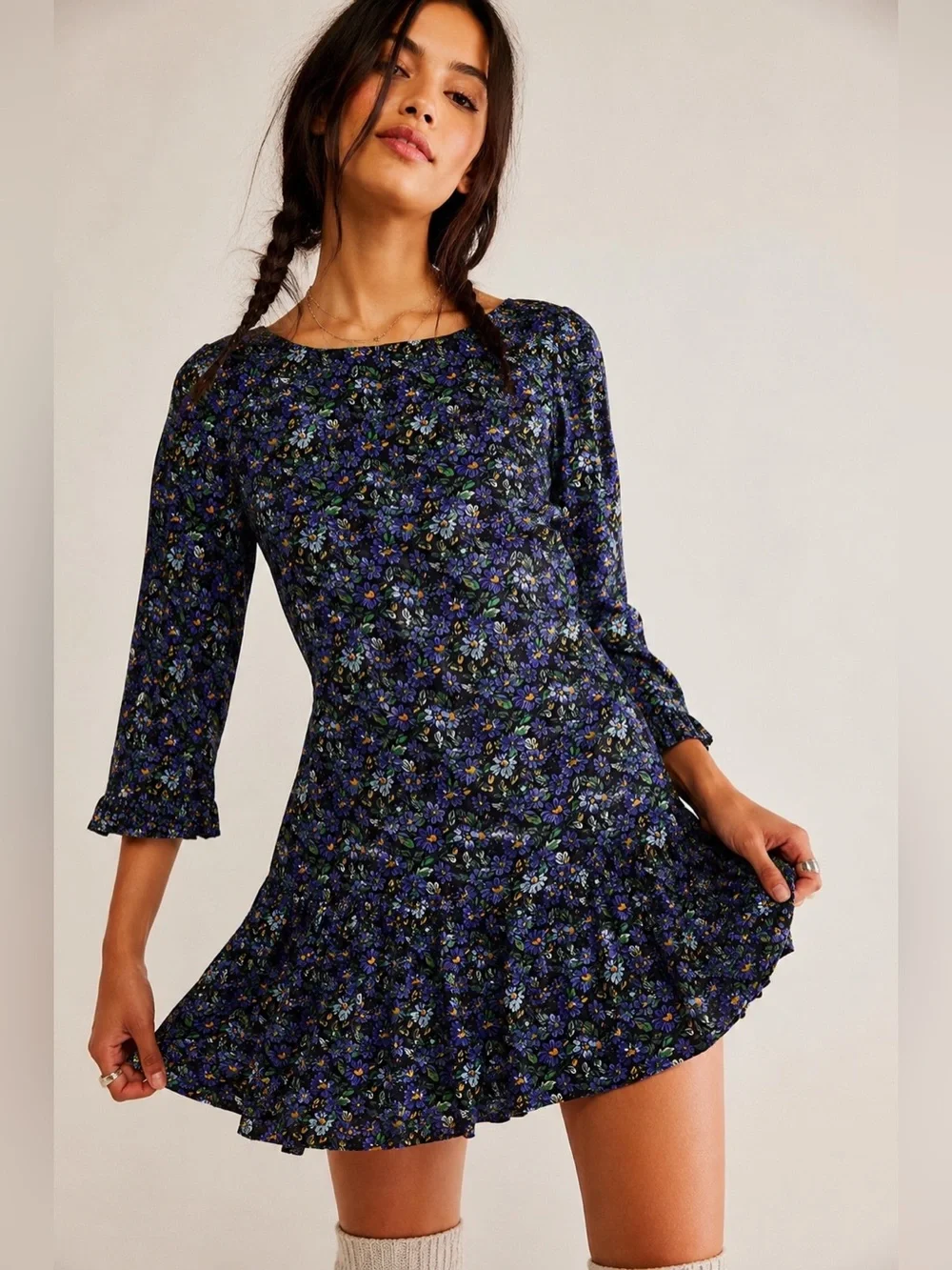 Free People The Avenue Floral Mini Dress Navy Open Back Ruffle Hem Boho Small